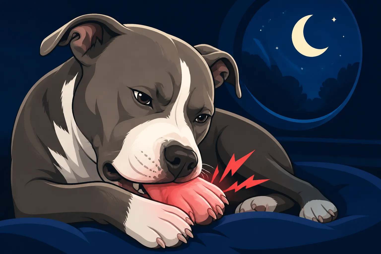 A Pit Bull Chewing Its Feet Through the Night