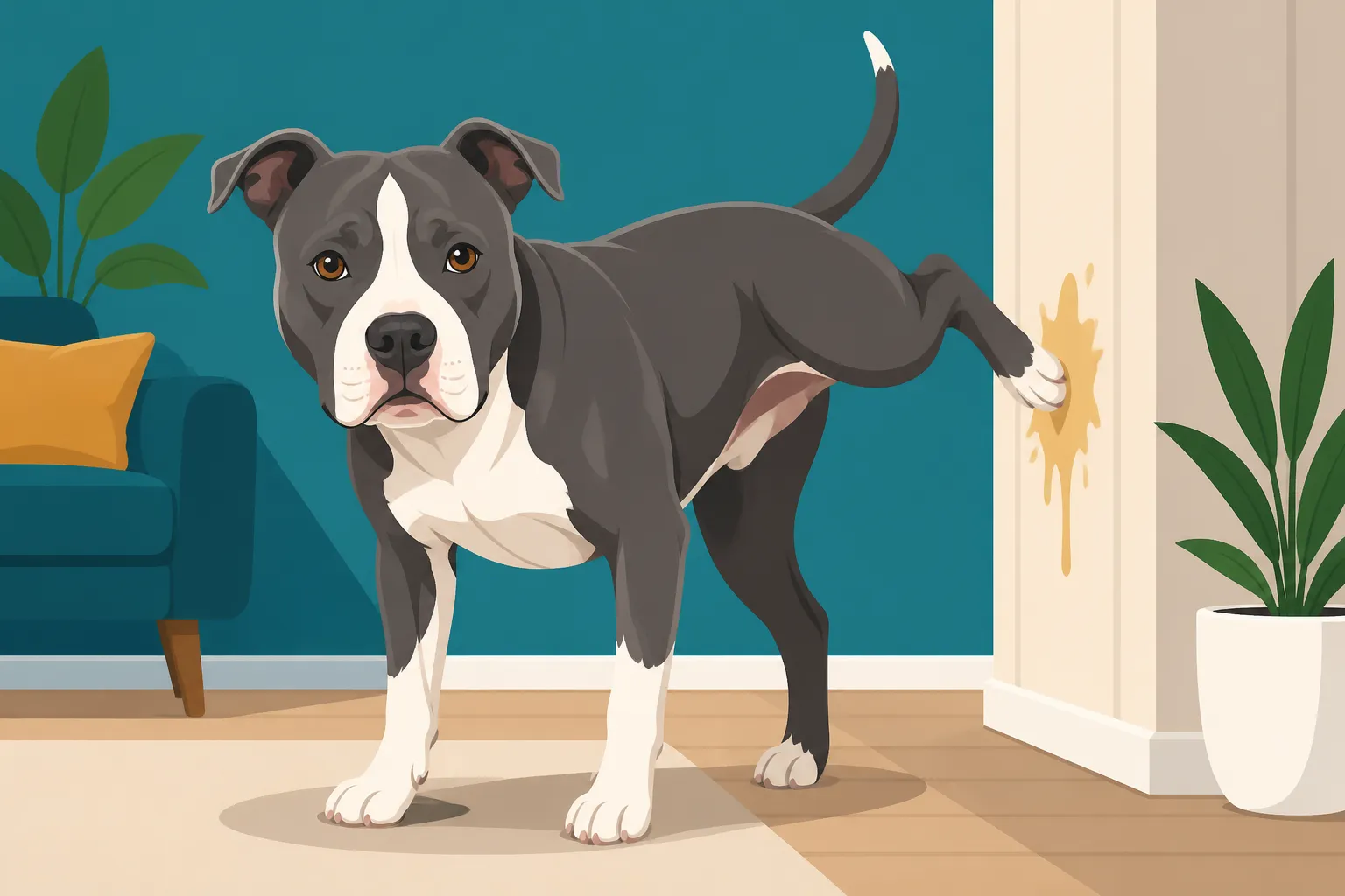 A Pit Bull Lifting a Leg Indoors