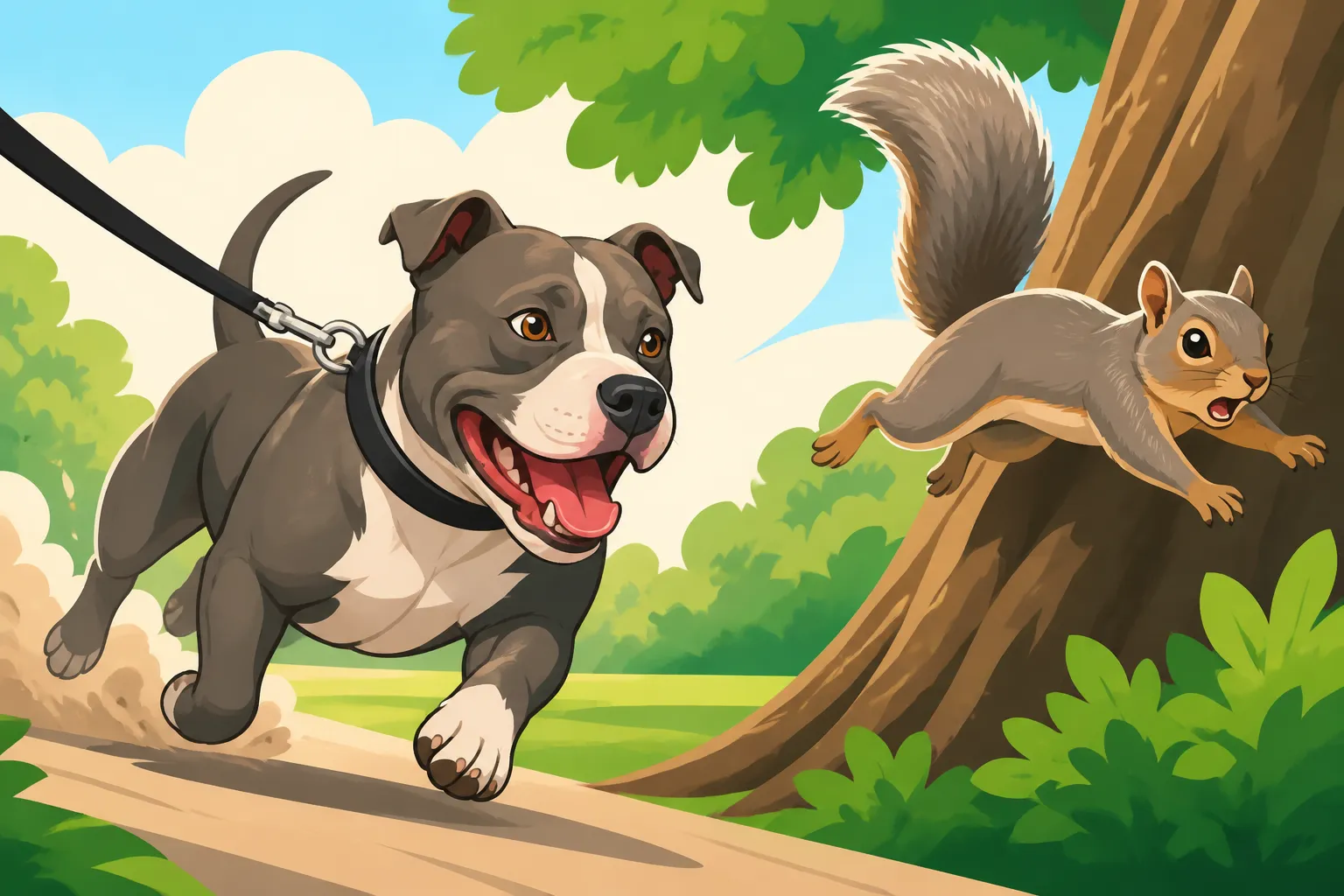 A Pit Bull Chasing Squirrels on Walks