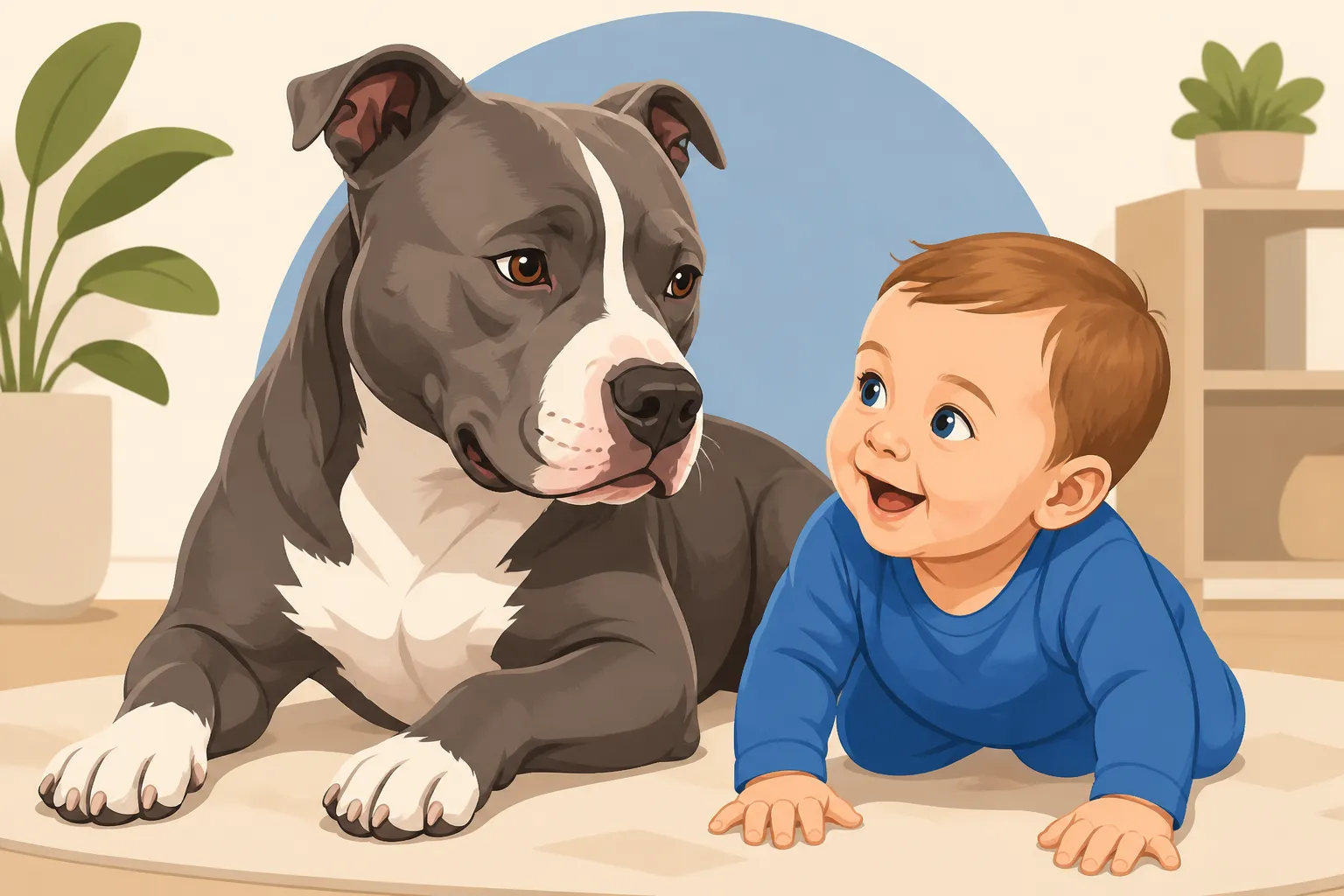 A Pit Bull Around a Crawling Child